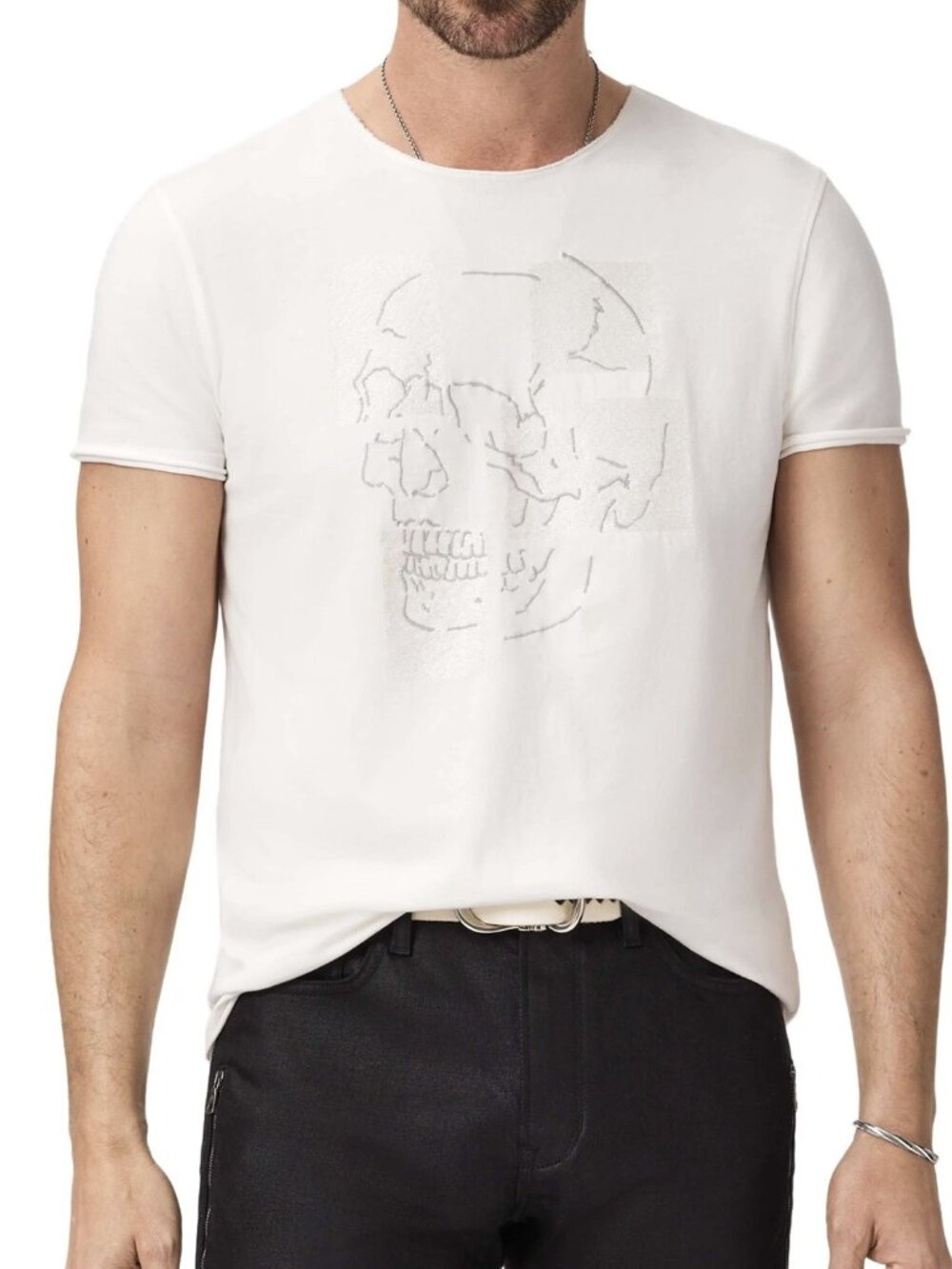 John Varvatos Men's Raw Edges Skull Tiles Embroidered Graphic Crew T-Shirt Salt